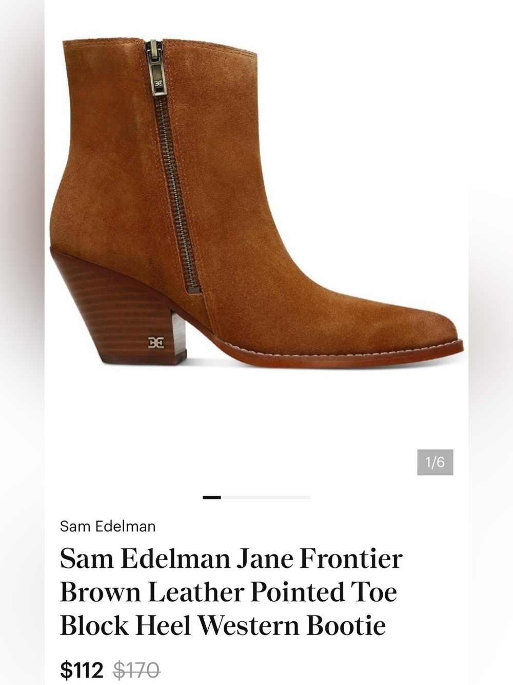 Sam Edelman Jane Frontier Brown Leather Pointed Toe Block Heel Western Bootie